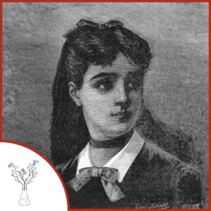 A black and white drawing of a young woman with long, dark hair. The podcast logo is in the lower left corner.