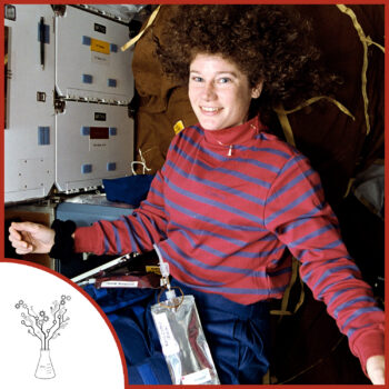 The photo shows Susan Helms on the ISS, her curly hair spreads out in the zero gravity environment. The podcast logo is on the lower left.