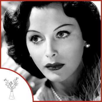A publicity photo of Hedy Lamarr looking off camera. She has dark hair and wears bold makeup. The podcast logo is on the lower left.