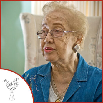 A casual photo of Katherine Johnson, an older woman with white hair and glasses. The podcast logo is on the lower left.