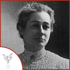 A black and white portrait of a woman in a white dress. The podcast logo is on the lower left.