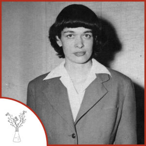 A black and white photo of a woman with short black hair. The podcast logo is on the lower left.