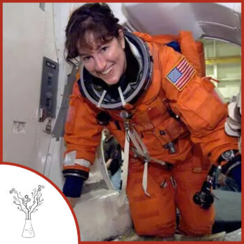 Laurel Clark in an orange spacesuit. She is a young woman with brown hair. The podcast logo is in the lower left.