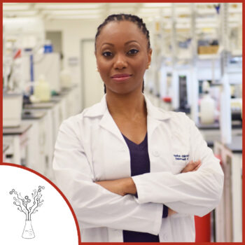 A photo of Dr. Hadiya Nicole Green in a laboratory, wearing a white coat. The podcast logo is on the lower left. Photo courtesy of the Ora Lee Smith Cancer Research Foundation.
