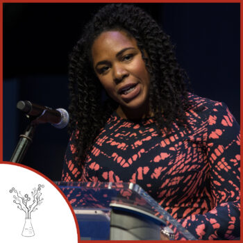 Jedidah Isler at an event, speaking at a podium. Photo courtesy of the White House. The podcast logo is on the lower left.