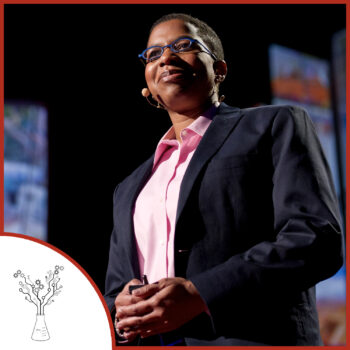 Ainissa Ramirez speaking at a TED conference. The podcast logo is on the lower left.